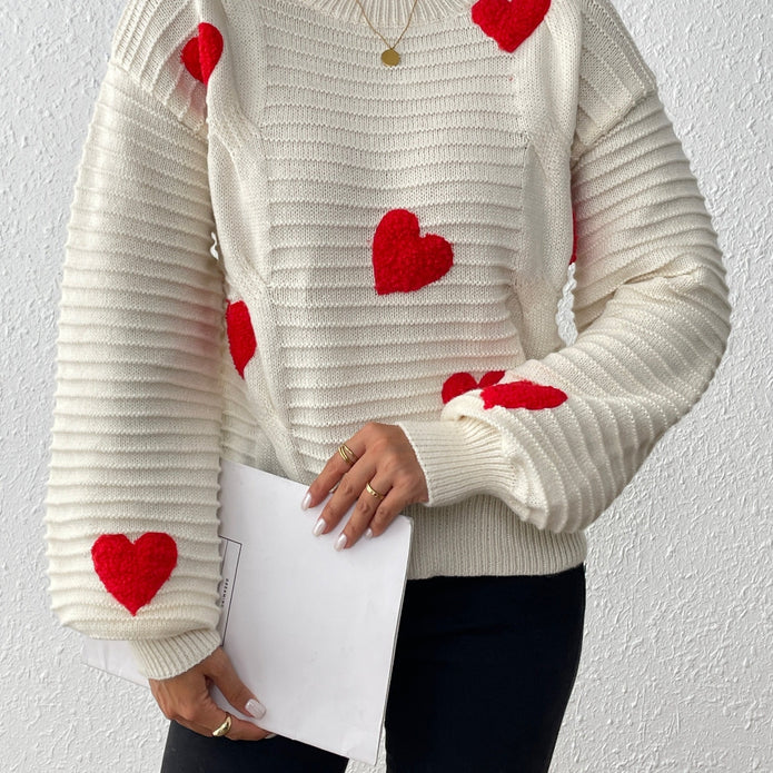 Fien | Elegancki sweter dzianinowy z warkoczowym wzorem sercowym i balonowymi rękawami Warschau Fashion Biały XS
