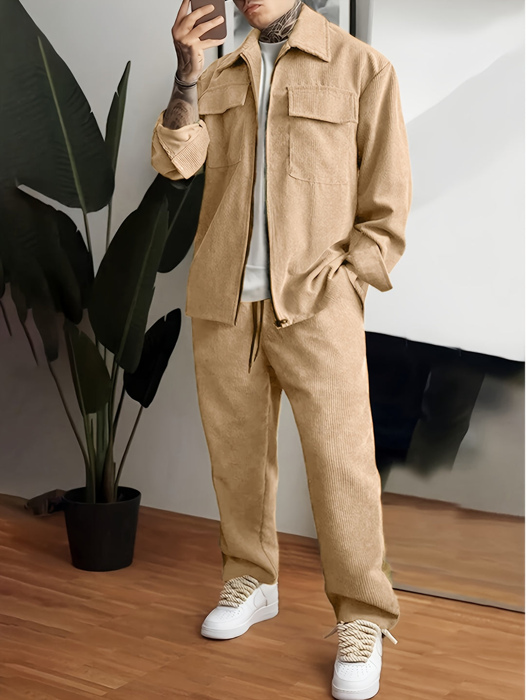 LAVEO - Męski zestaw dopasowany | Kurtka i spodnie set Warschau Fashion Khaki S