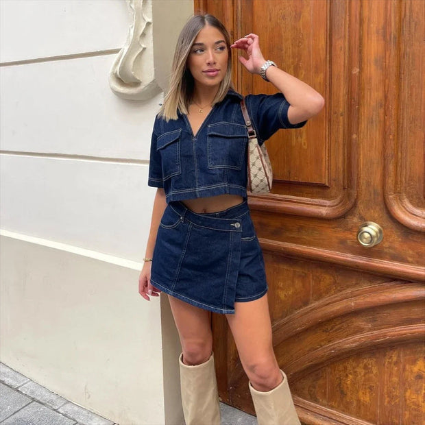 GIULIA | Letni Denimowy Komplet dla Kobiet – Modny, Oryginalny & Pewny Siebie! Warschau Fashion Ciemnoniebieski denim (pozostało 7 sztuk) S