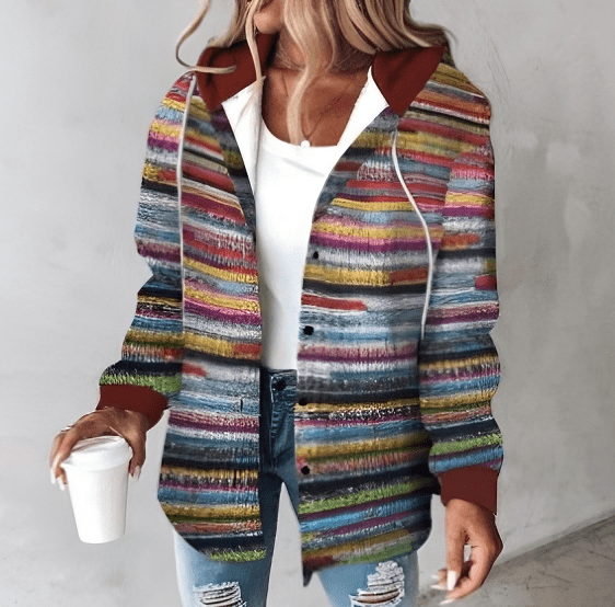 Noémie – Elegancki płaszcz z kapturem i wyrafinowanym wzorem Ombra Sweater Warschau Fashion Wielobarwny S