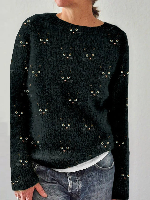 Przytulna koszulka z okrągłym dekoltem i motywem kota Sweater Warschau Fashion Czarny S