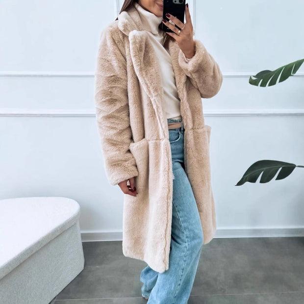 Damski płaszcz – Luźny fason – Miękki materiał – Szeroki kołnierz – Przednie kieszenie Coats Warschau Fashion Morelowy S