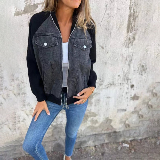 Stylowa damska kurtka dżinsowa w patchworkowym wzorze – Luźny krój i długie rękawy idealne na co dzień Denim Jackets Warschau Fashion Czarny S