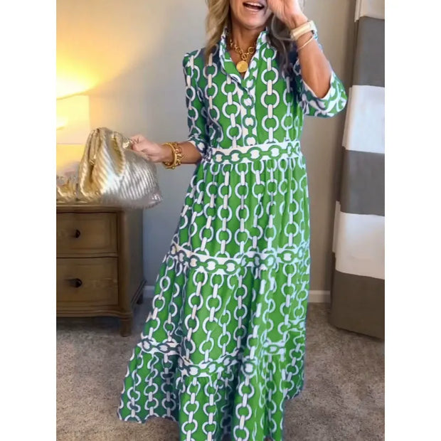 Maxi Sukienka Damska – Krój A – Dekolt W Serek – Geometryczny Wzór – Falbany – Rękawy 3/4 Maxi Dresses Warschau Fashion Zielony S