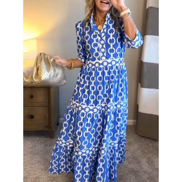 Maxi Sukienka Damska – Krój A – Dekolt W Serek – Geometryczny Wzór – Falbany – Rękawy 3/4 Maxi Dresses Warschau Fashion Niebieski S