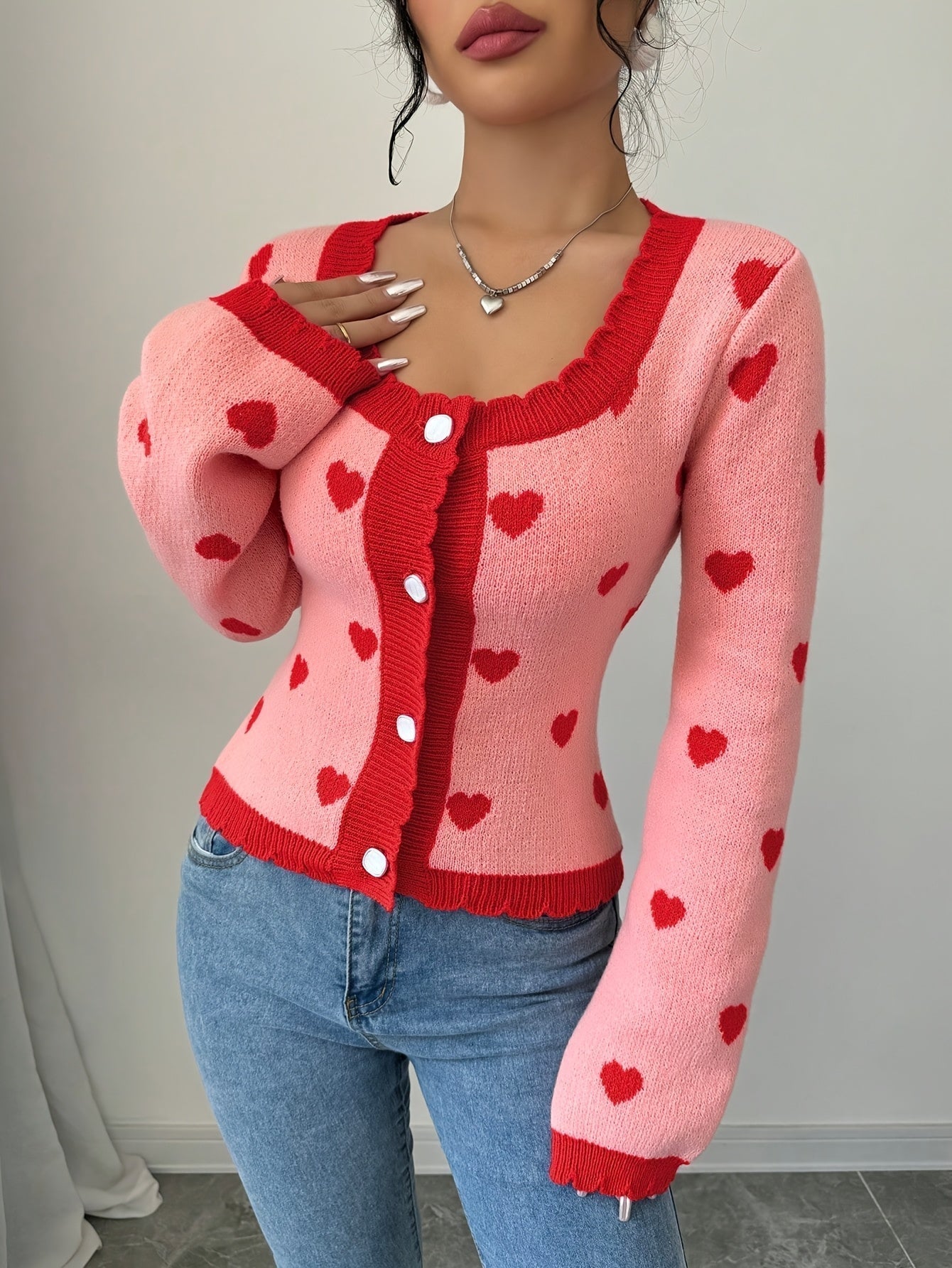 Lotte | Elegancki kardigan w serca w czerwono-różowej kolorystyce dla kobiet Warschau Fashion