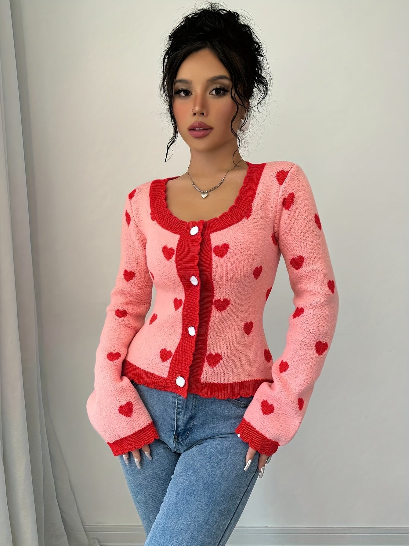 Lotte | Elegancki kardigan w serca w czerwono-różowej kolorystyce dla kobiet Warschau Fashion