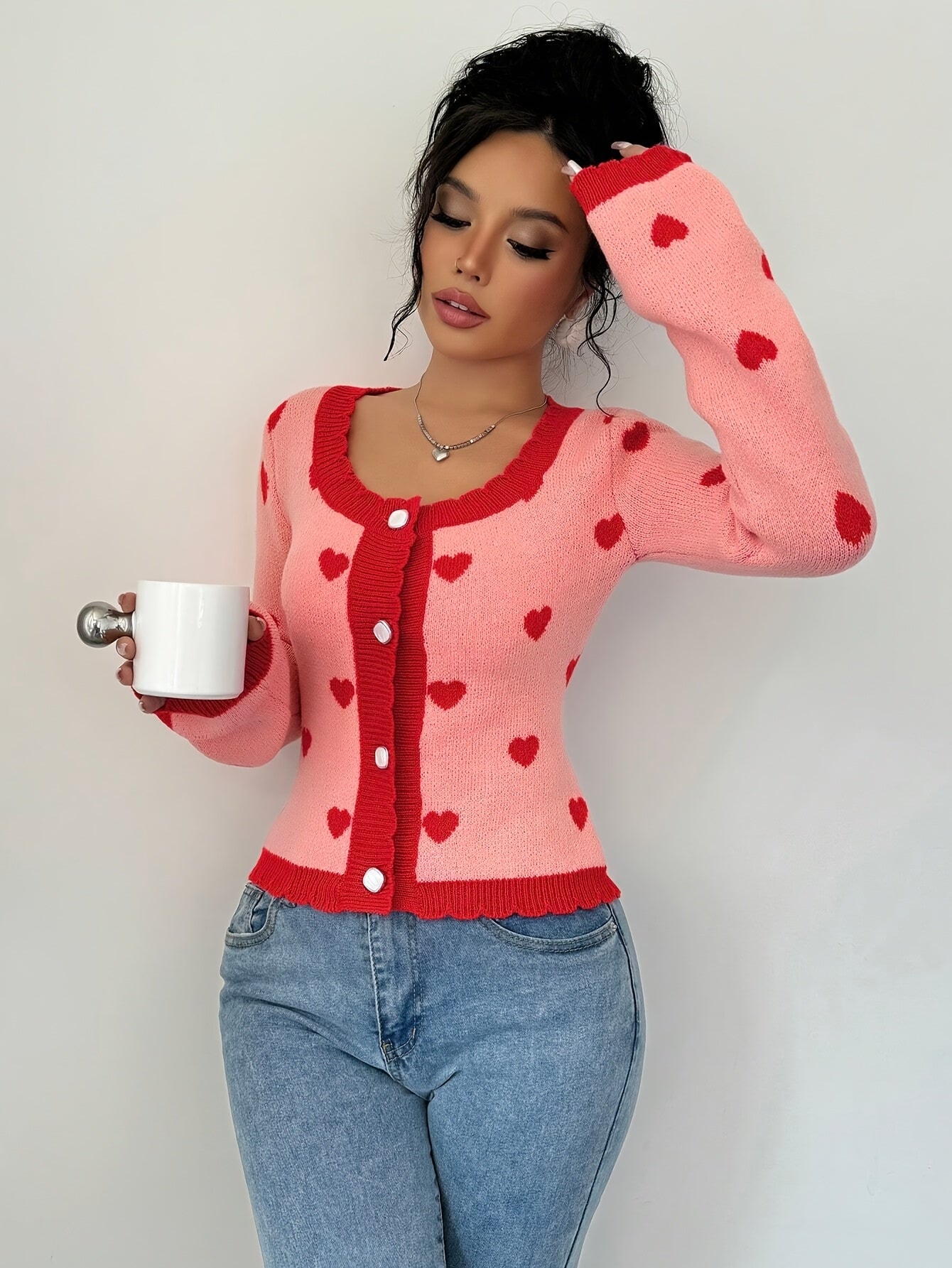 Lotte | Elegancki kardigan w serca w czerwono-różowej kolorystyce dla kobiet Warschau Fashion