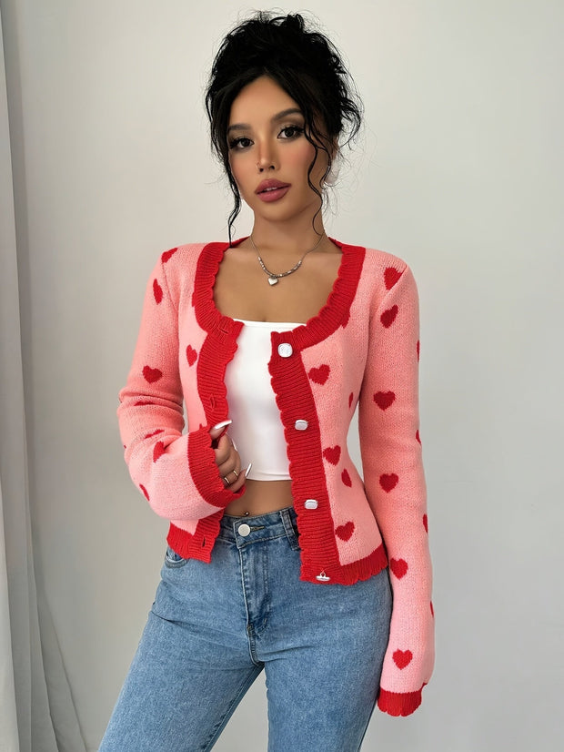 Lotte | Elegancki kardigan w serca w czerwono-różowej kolorystyce dla kobiet Warschau Fashion