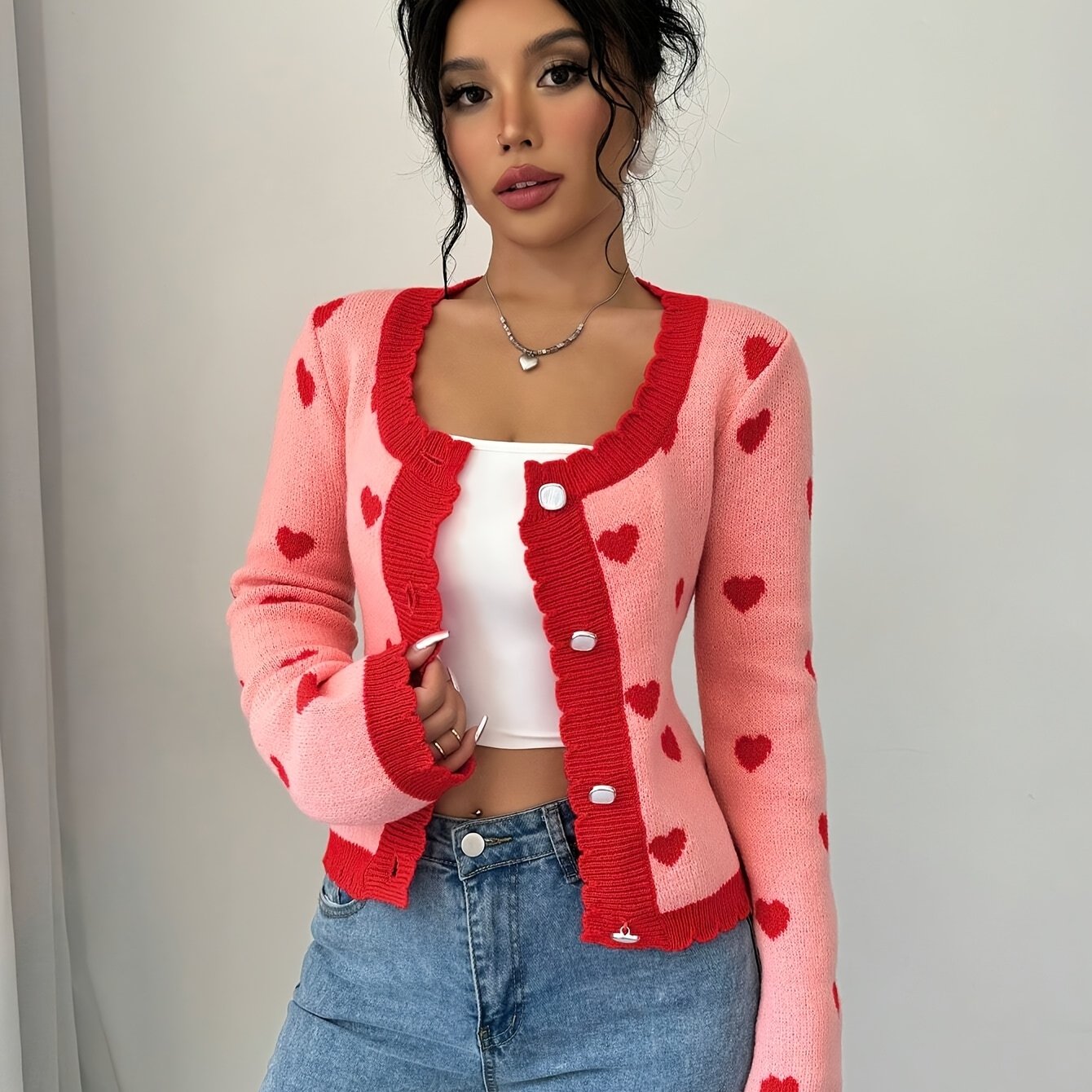 Lotte | Elegancki kardigan w serca w czerwono-różowej kolorystyce dla kobiet Warschau Fashion Różowy S