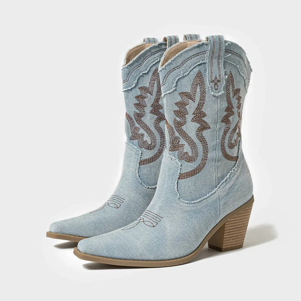 DAISY | Damskie Kowbojki Denimowe w Stylu Warszawskiej Mody - Jeansowy Materiał Spijkerstof cowboylaarzen dames â¬33 Warschau Fashion