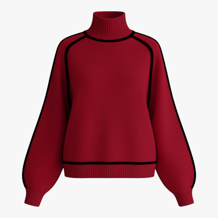 Joanna | Damski Sweter z Golfem i Kontrastową Lamówką Swetry Warschau Fashion Czerwony S