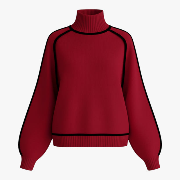 Joanna | Damski Sweter z Golfem i Kontrastową Lamówką Swetry Warschau Fashion Czerwony S