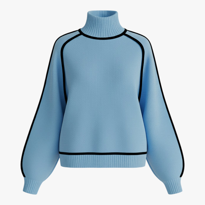 Joanna | Damski Sweter z Golfem i Kontrastową Lamówką Swetry Warschau Fashion Niebieski S