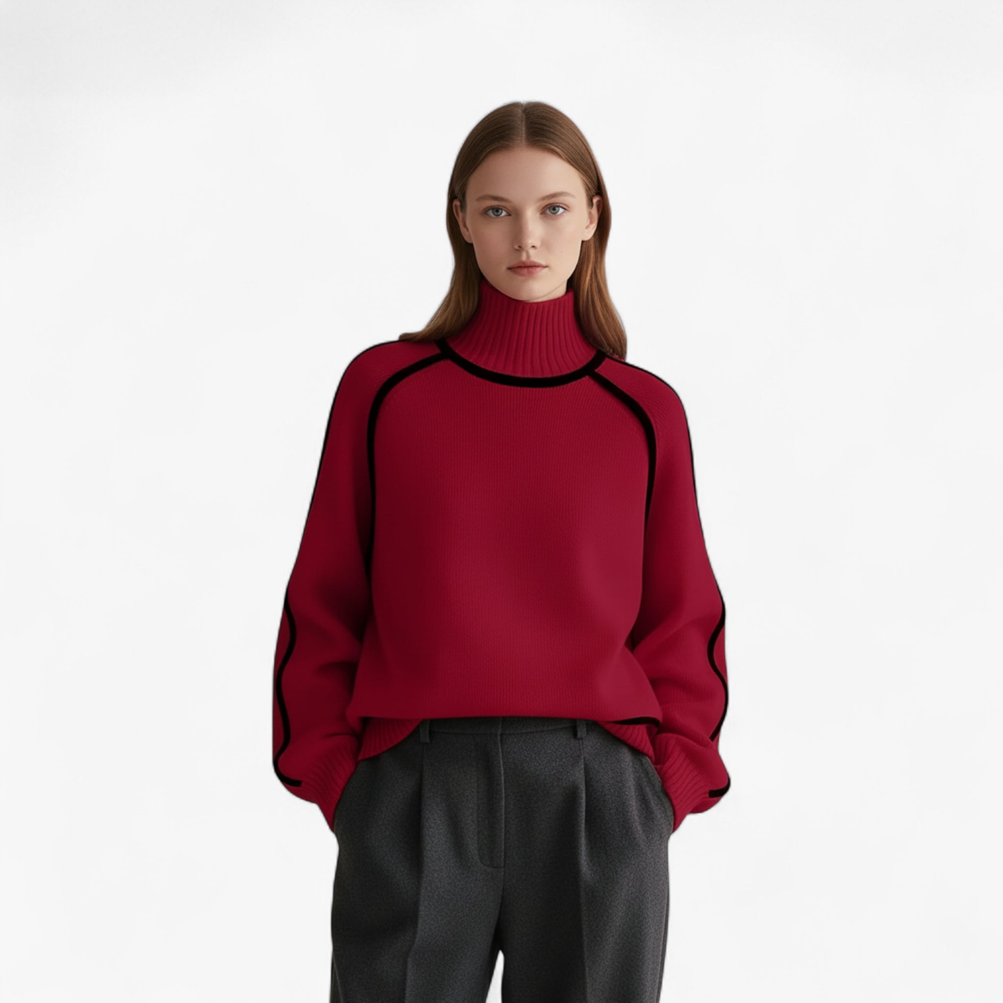 Joanna | Damski Sweter z Golfem i Kontrastową Lamówką Swetry Warschau Fashion