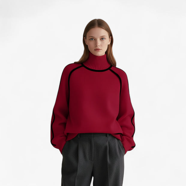 Joanna | Damski Sweter z Golfem i Kontrastową Lamówką Swetry Warschau Fashion