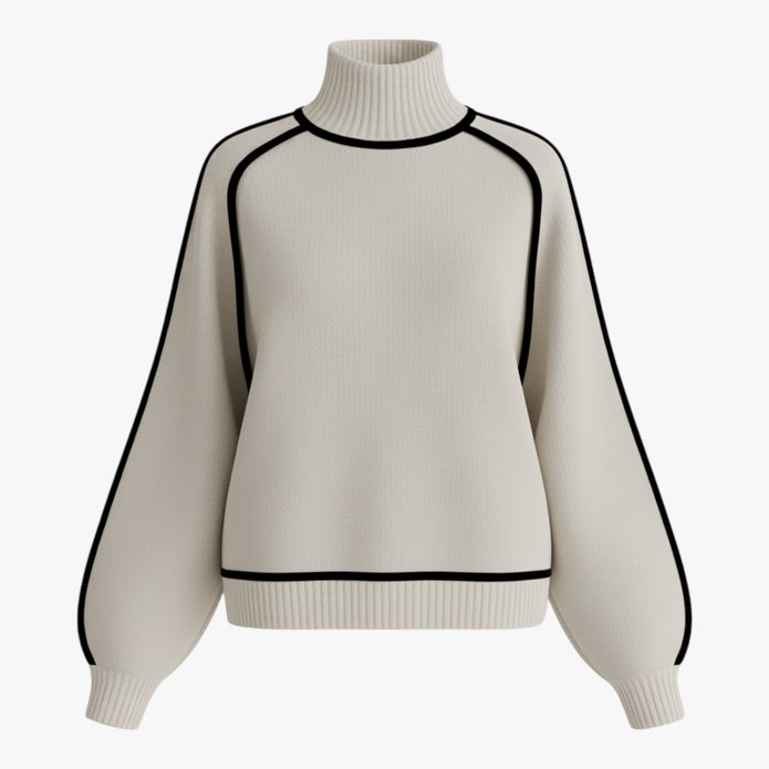 Joanna | Damski Sweter z Golfem i Kontrastową Lamówką Swetry Warschau Fashion Off white S