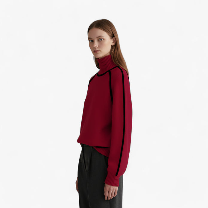 Joanna | Damski Sweter z Golfem i Kontrastową Lamówką Swetry Warschau Fashion