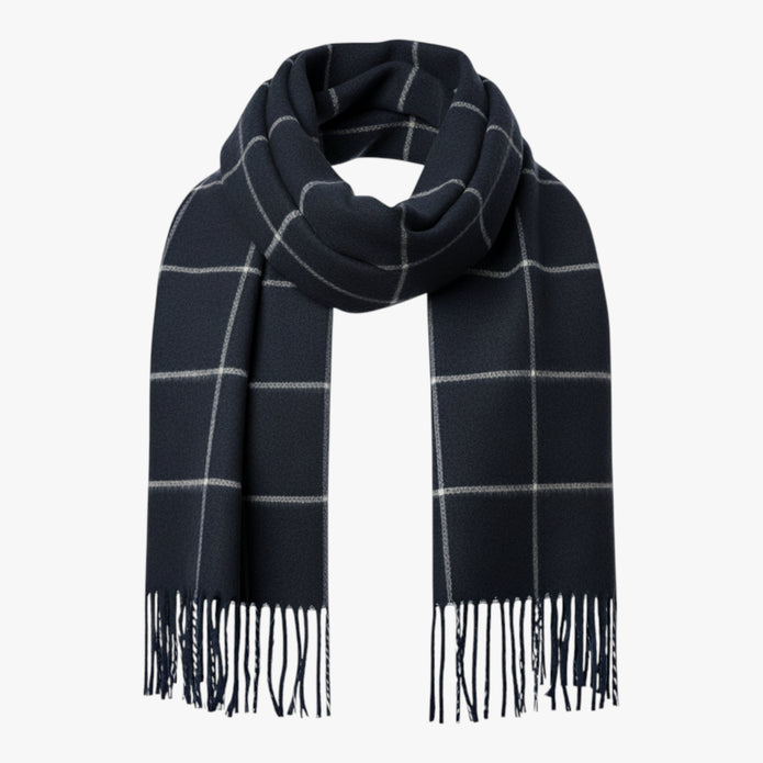 Szymon | Męski zimowy szalik w kratę z dzianiny Szaliki Warschau Fashion Ciemnoniebieski 30x190CM