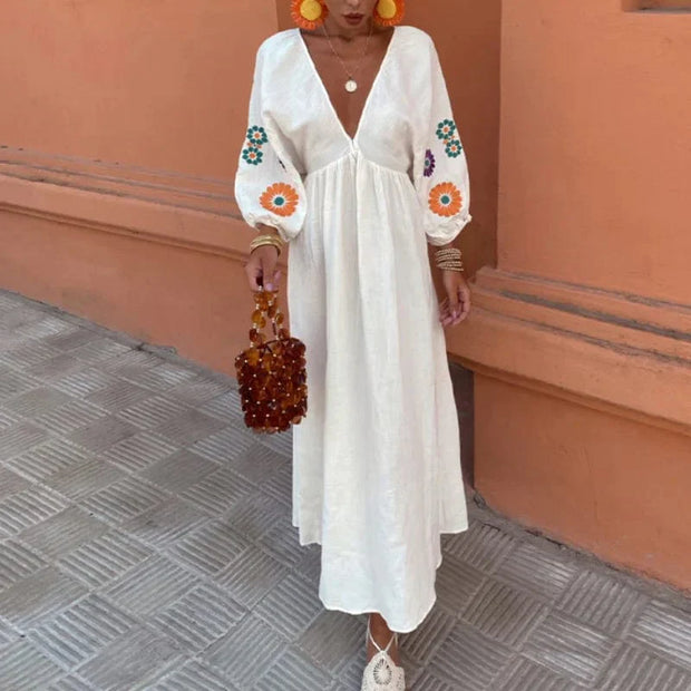 LUMA | Lniana Sukienka Boho z Kwiatowym Wzorem, Odkrytymi Plecami i Dekoltem w Kształcie V - Styl Ibizy Warschau Fashion S